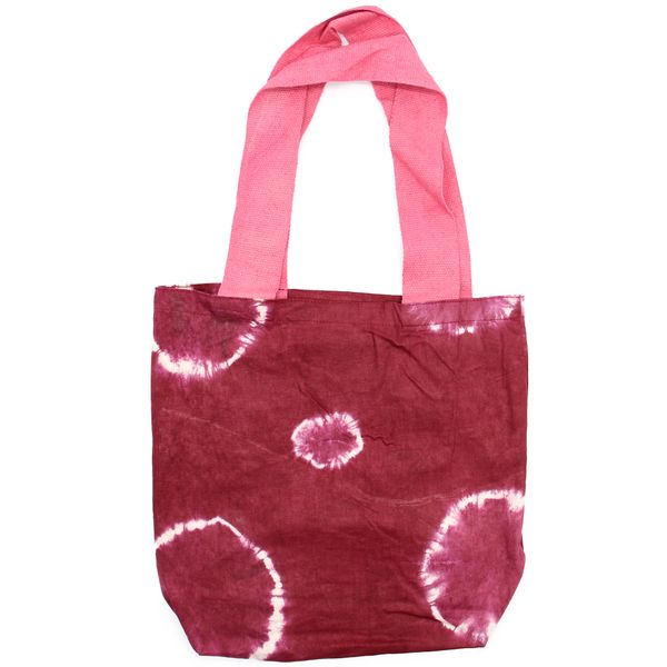 Natuurlijke tie-dye katoenen tas (8 oz) - 38x42x12cm - kastanjebruine ringen - roze handvat