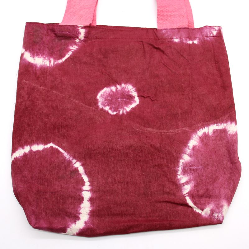 Natuurlijke tie-dye katoenen tas (8 oz) - 38x42x12cm - kastanjebruine ringen - roze handvat