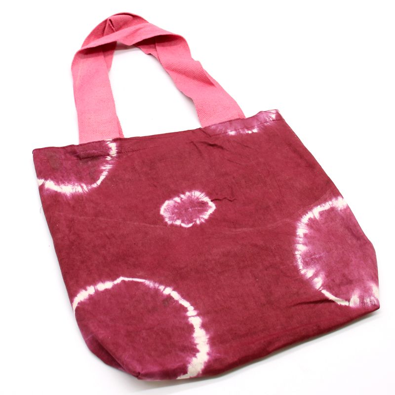 Natuurlijke tie-dye katoenen tas (8 oz) - 38x42x12cm - kastanjebruine ringen - roze handvat