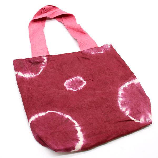 Natuurlijke tie-dye katoenen tas (8 oz) - 38x42x12cm - kastanjebruine ringen - roze handvat