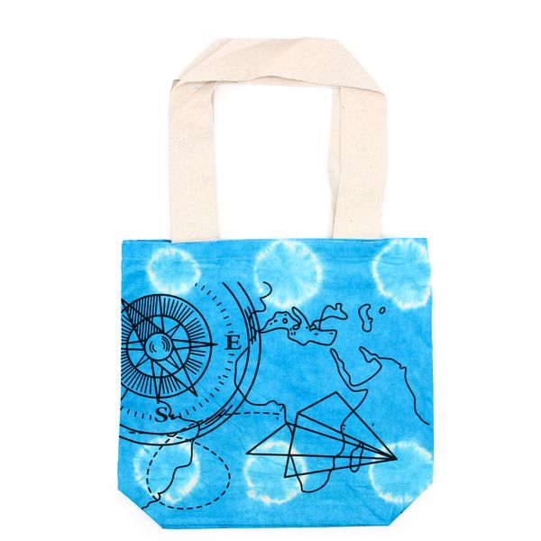 Tie-Dye Katoenen Tas (6oz) - 38x42x12cm - Kompas - Blauw - Natuurlijk handgreep