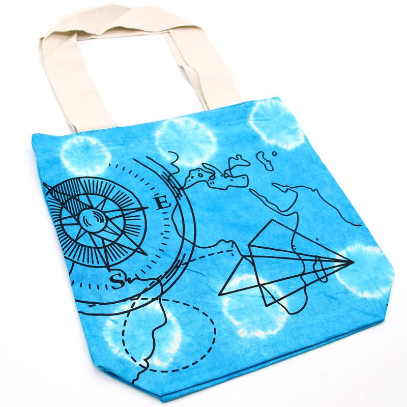 Tie-Dye Katoenen Tas (6oz) - 38x42x12cm - Kompas - Blauw - Natuurlijk handgreep