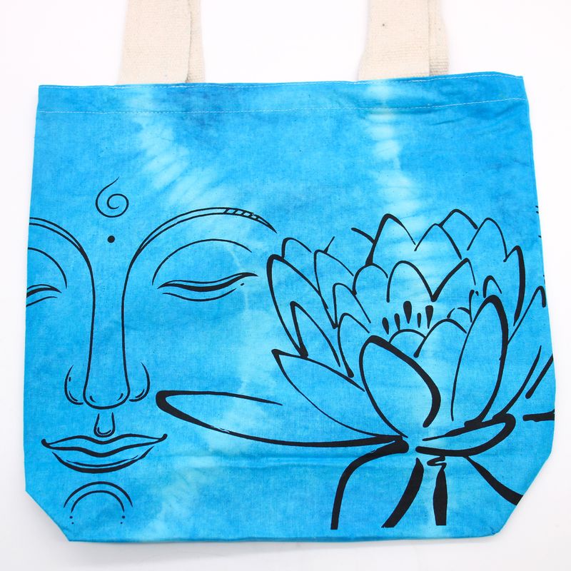 Tie-Dye Katoenen Tas (6oz) - 38x42x12cm - Lotus Boeddha - Blauw - Natuurlijk handgreep