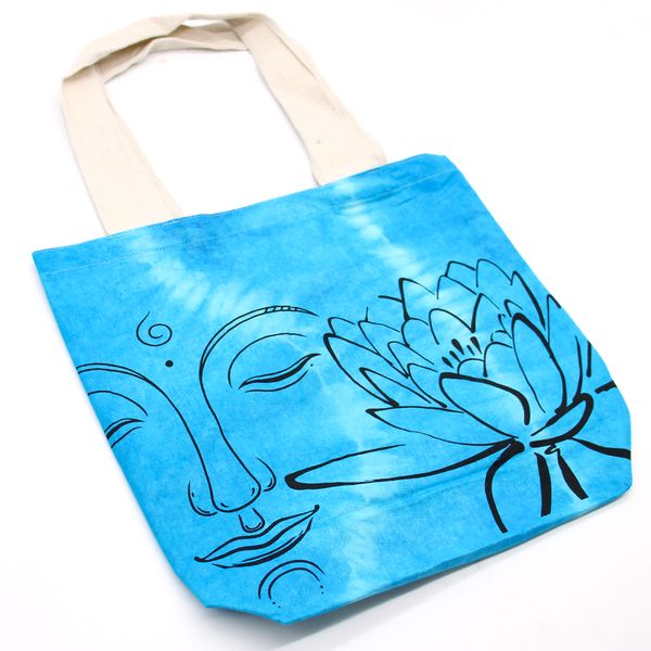 Tie-Dye Katoenen Tas (6oz) - 38x42x12cm - Lotus Boeddha - Blauw - Natuurlijk handgreep