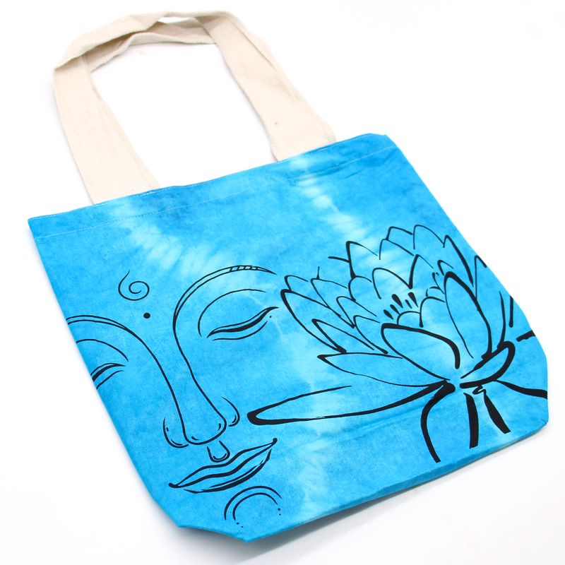 Tie-Dye Katoenen Tas (6oz) - 38x42x12cm - Lotus Boeddha - Blauw - Natuurlijk handgreep