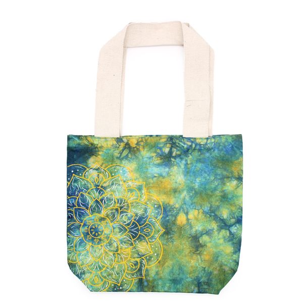 Tie-Dye Katoenen Tas (6oz) - 38x42x12cm - Mandela - Groen/Blauw - Natuurlijk handgreep