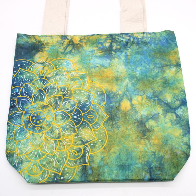 Tie-Dye Katoenen Tas (6oz) - 38x42x12cm -  Mandela - Groen/Blauw - Natuurlijk handgreep