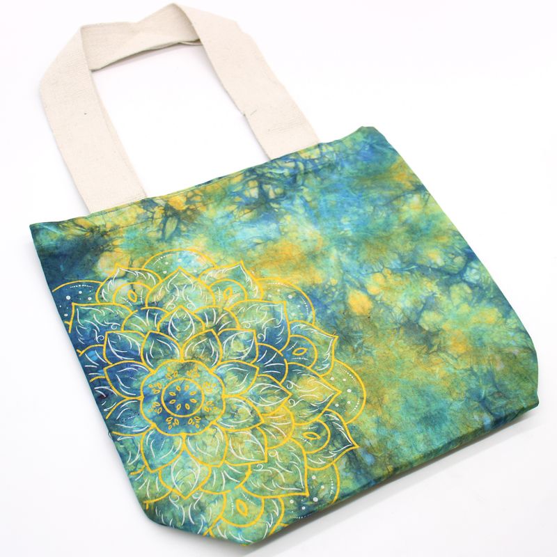 Tie-Dye Katoenen Tas (6oz) - 38x42x12cm -  Mandela - Groen/Blauw - Natuurlijk handgreep