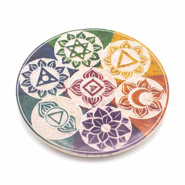 Zeepstenen Schijf Wierookhouder 10cm - Zeven Chakra
