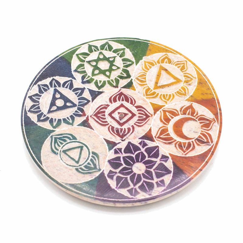 Zeepstenen Schijf Wierookhouder 10cm - Zeven Chakra