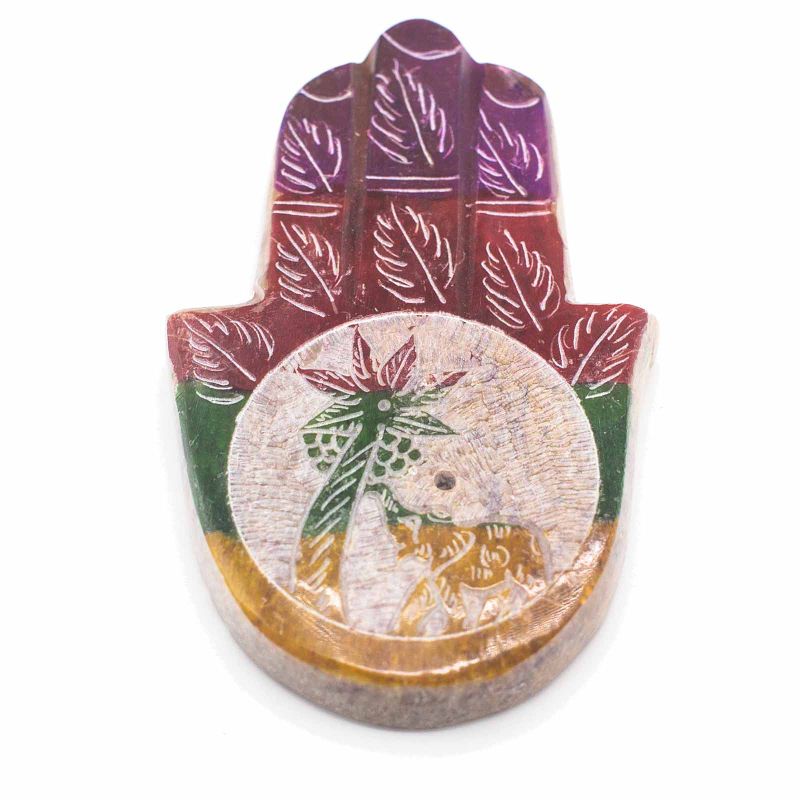 Zeepstenen Hamsa Wierookhouder 9x6cm - Olifant & Palm