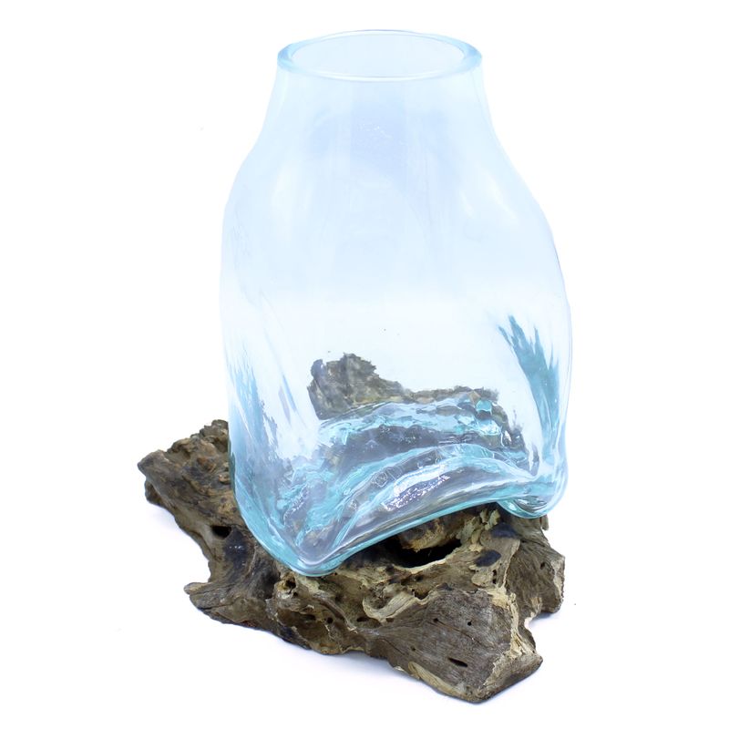 Grote Gesmolten Glazen Vaas - Terrarium Pot op Hout