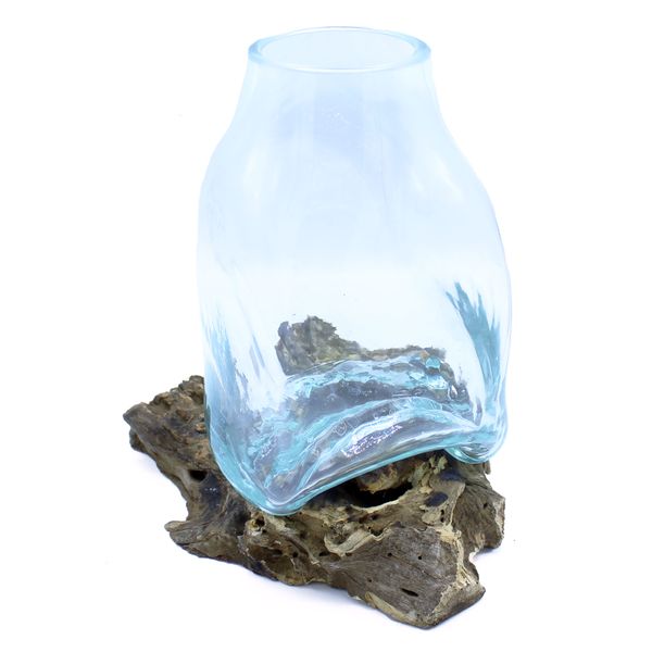 Grote Gesmolten Glazen Vaas - Terrarium Pot op Hout