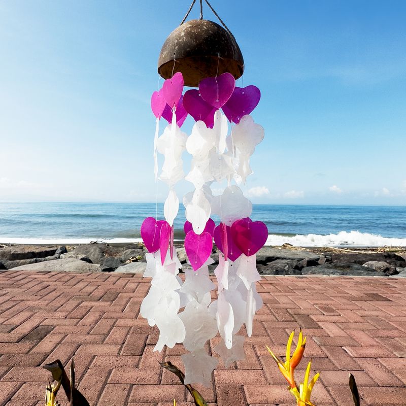 Kokosnoot & Capiz Windgongen - Roze en Witte Mix Vormen - 35cm