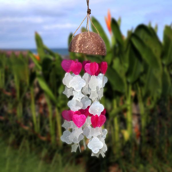 Kokosnoot & Capiz Windgongen - Roze en Witte Mix Vormen - 35cm