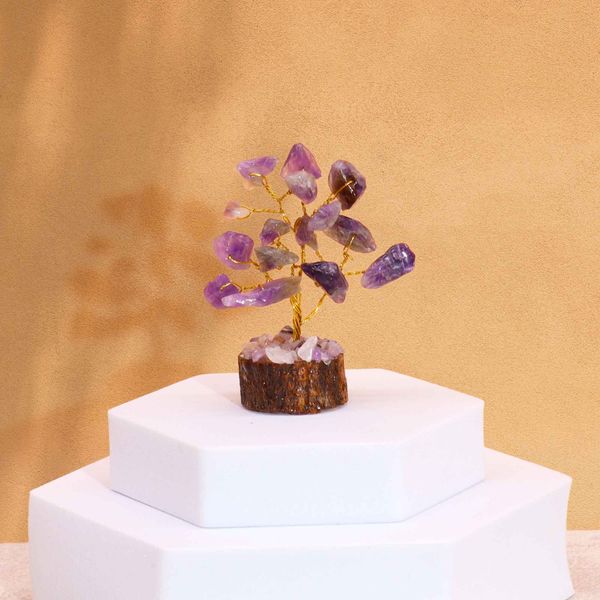 Mini Edelsteenbomen op Houten Basis - Amethist (15 stenen)
