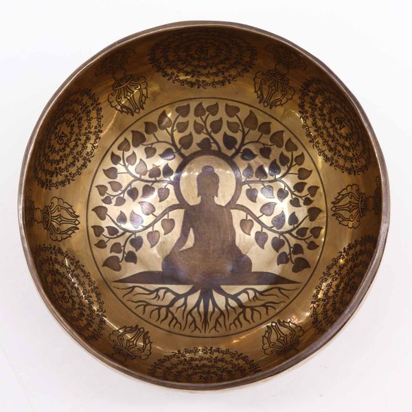 Tibetaanse genezingsgegraveerde kom - 16 cm - Bodhiboom Boeddha