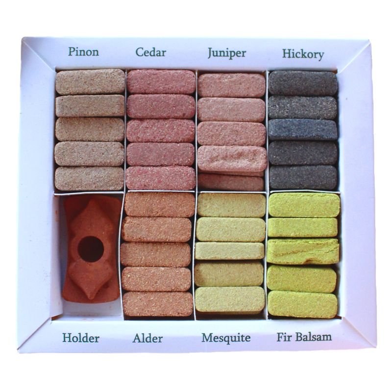 Display Set van 70 Wierook Smudge Blokken en Brander - 7 Aardse Himalaya Wierooksoorten