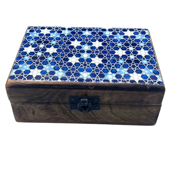 Middelgrote Keramische Geglazuurde Houten Doos - 15x10x6cm - Blauwe Sterren