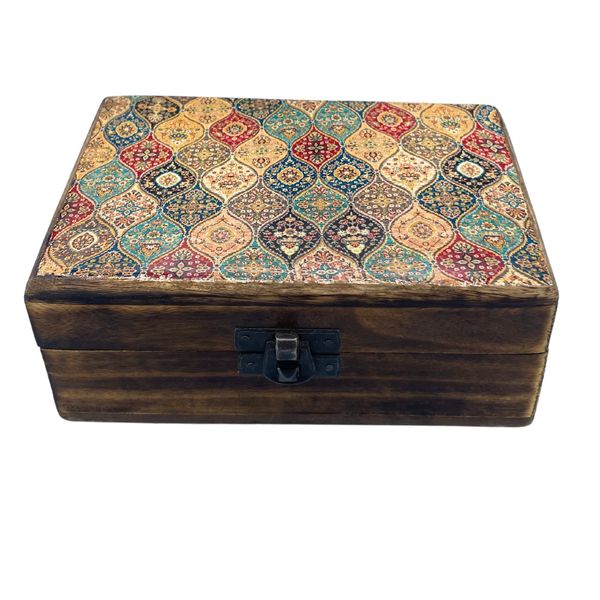 Middelgrote Keramische Geglazuurde Houten Doos - 15x10x6cm - Traditioneel Patroon