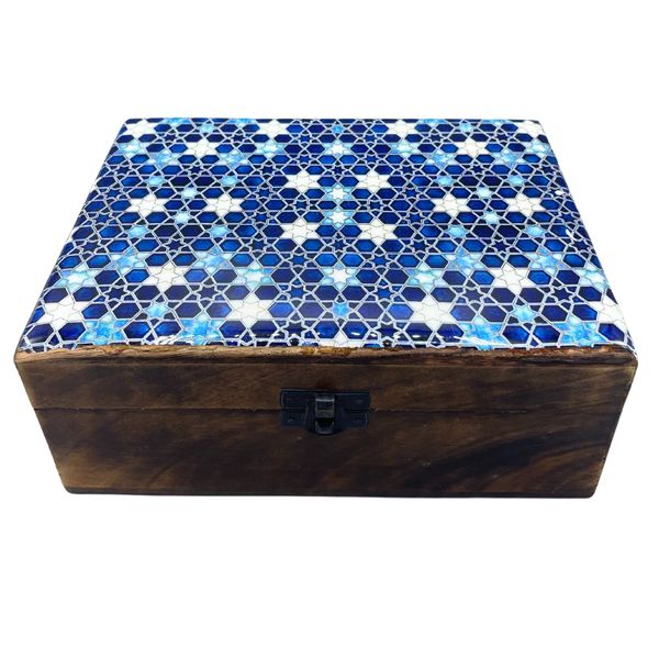 Grote Keramische Geglazuurde Houten Doos - 20x15x7.5cm - Blauwe Sterren