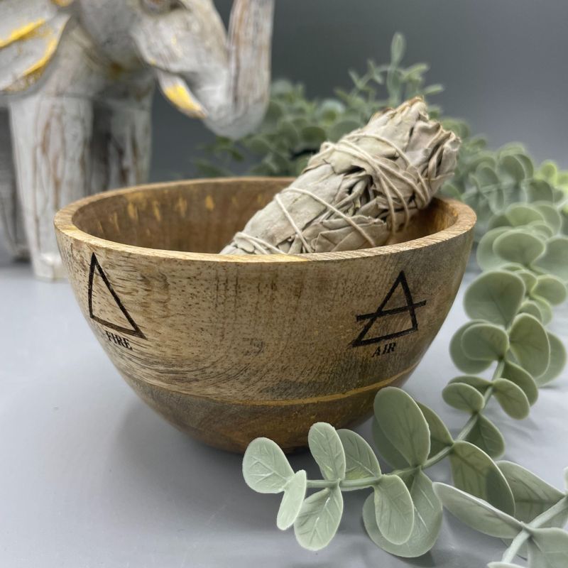 Houten Smudge- en Rituele Offerkom - Vier Elementen - 11x7cm