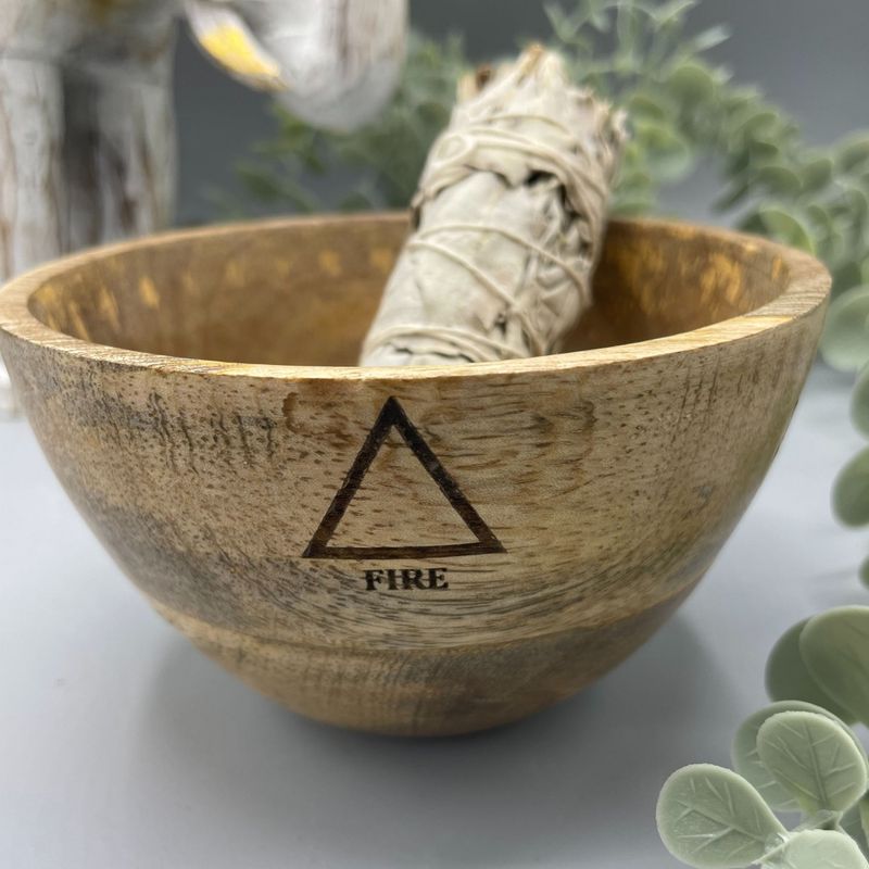 Houten Smudge- en Rituele Offerkom - Vier Elementen - 11x7cm