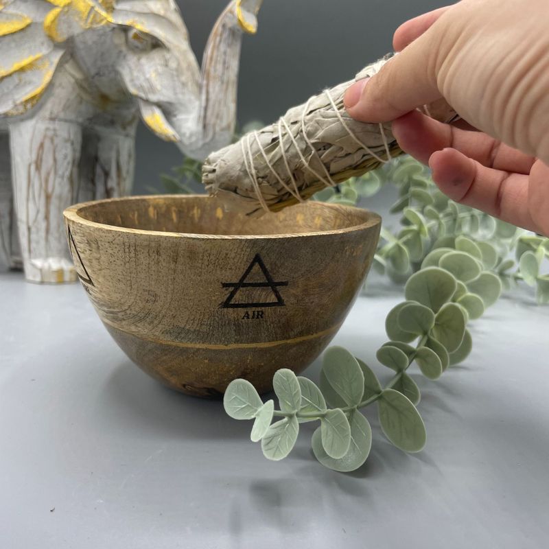 Houten Smudge- en Rituele Offerkom - Vier Elementen - 11x7cm
