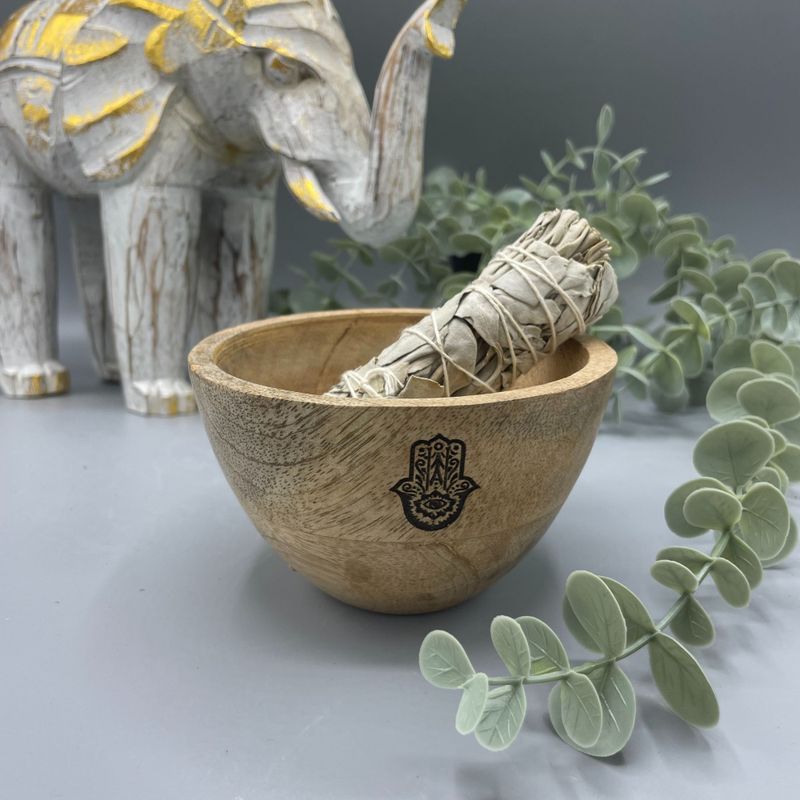 Houten Smudge- en Rituele Offerkom - Hamsa - 11x7cm