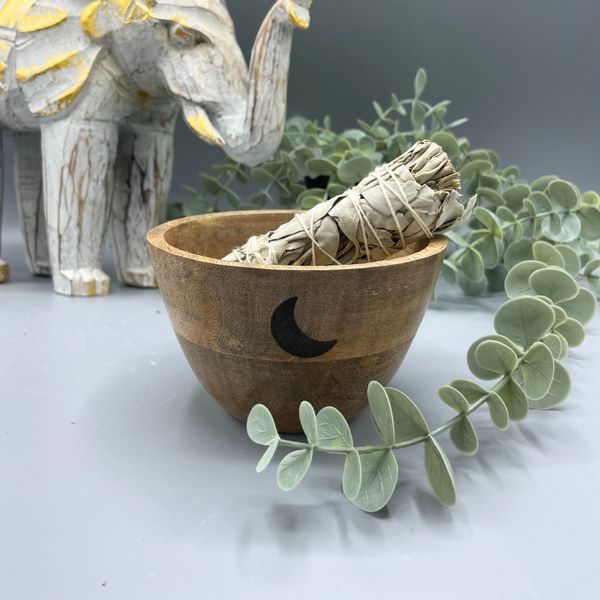 Houten Smudge- en Rituele Offerkom - Drie Manen - 11x7cm