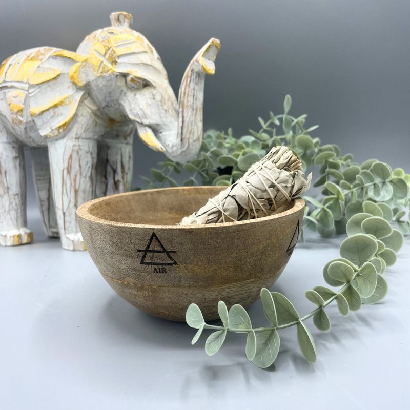 Houten Smudge- en Rituele Offerkom - Vier Elementen - 13x7cm