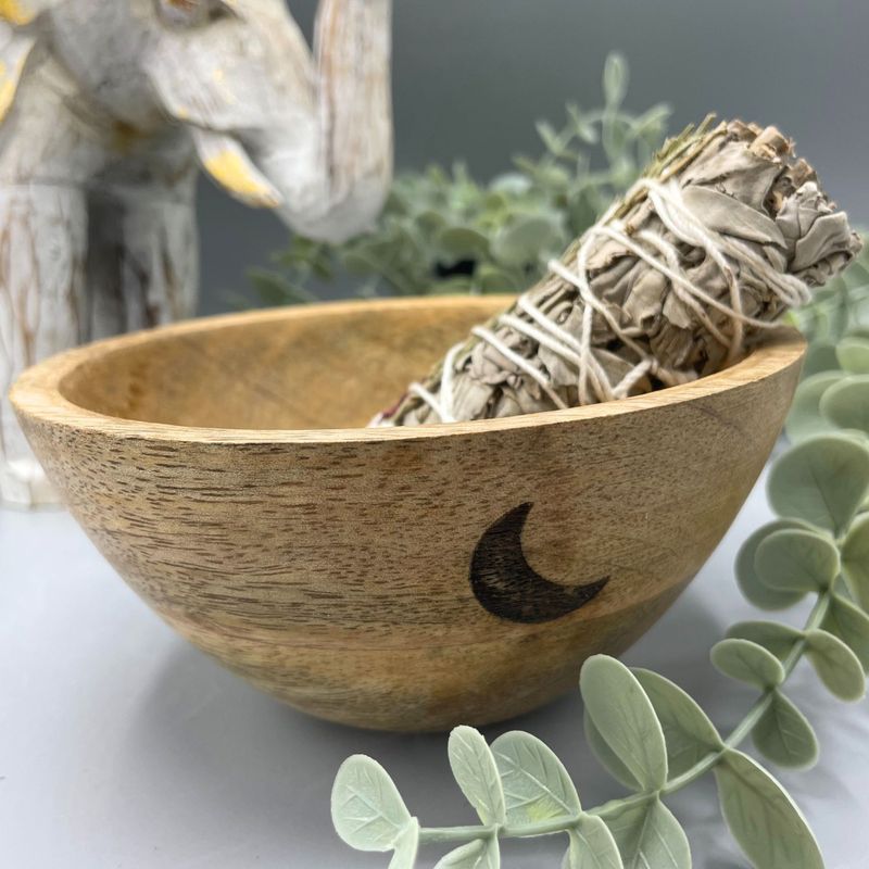 Houten Smudge- en Rituele Offerkom - Drie Manen - 13x7cm