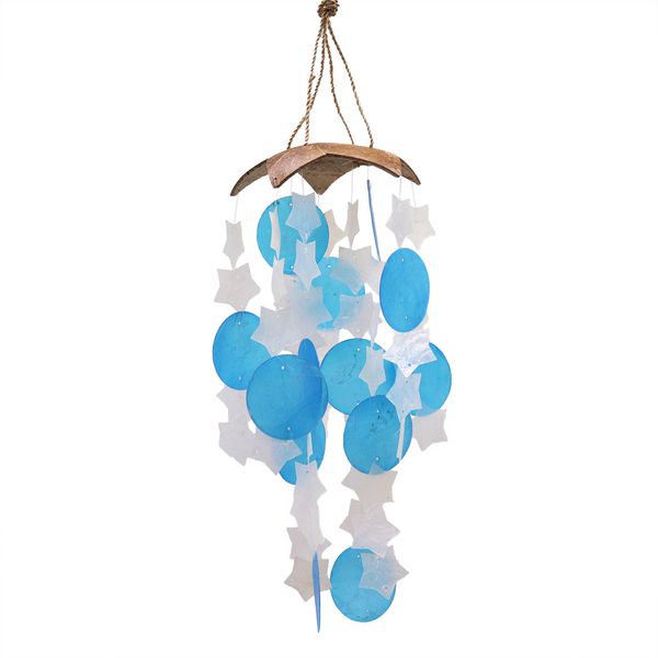 Coconut & Capiz Windchimes - Blauwe en Witte Sterren - 30cm