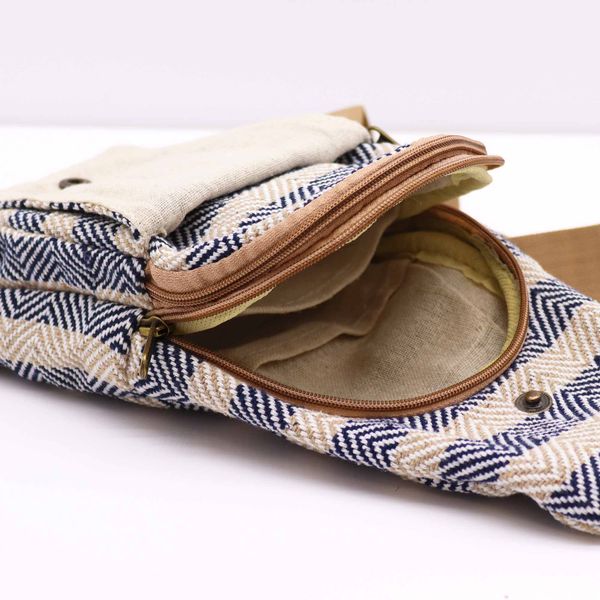 Body Cross Tas Natuurlijk Katoen - Bruinbeige & Marineblauw