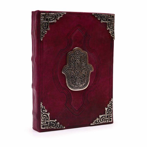 Stevig Roodbruin Boek - Zinken Hamsa Decoratie - 200 Pagina's met Ruwe Randen - 26x18cm
