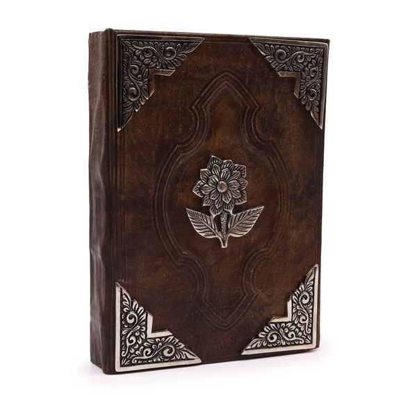 Stevig Roodbruin Boek - Zinken Roos Decoratie - 200 Pagina's met Ruwe Randen - 26x18cm