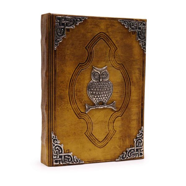 Stevig Koffiebruin Boek - Zinken Uil Decoratie - 200 Pagina's met Ruwe Randen - 26x18cm