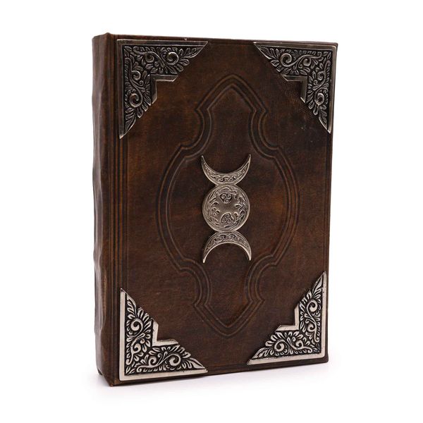 Stevig Bruin Boek - Zinken Drievoudige Maan Decoratie - 200 Pagina's met Ruwe Randen - 26x18cm