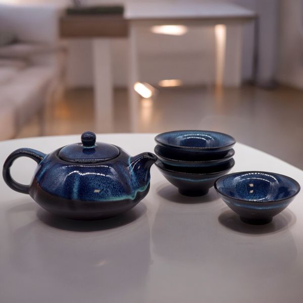 Kruidige Blauwe Theeset - Theepot & Vier Kopjes