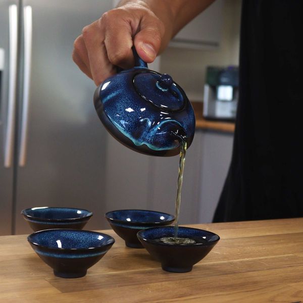 Kruidige Blauwe Theeset - Theepot & Vier Kopjes