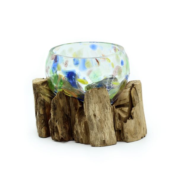 Gesmolten Gekleurd Glas op Hout - Kleine Kom