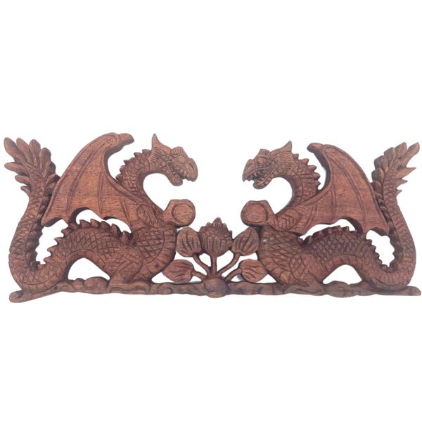 Twee Tegenoverliggende Draken Plaque Houtsnede - 40x15cm