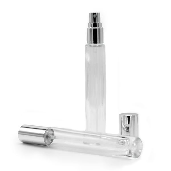 10ml Ronde Hoge Slanke Fles, Zilveren Spray en Dop