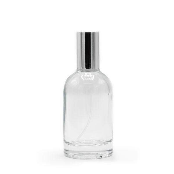 50ml Ronde Dikke Fles, Zilveren Spray en Dop