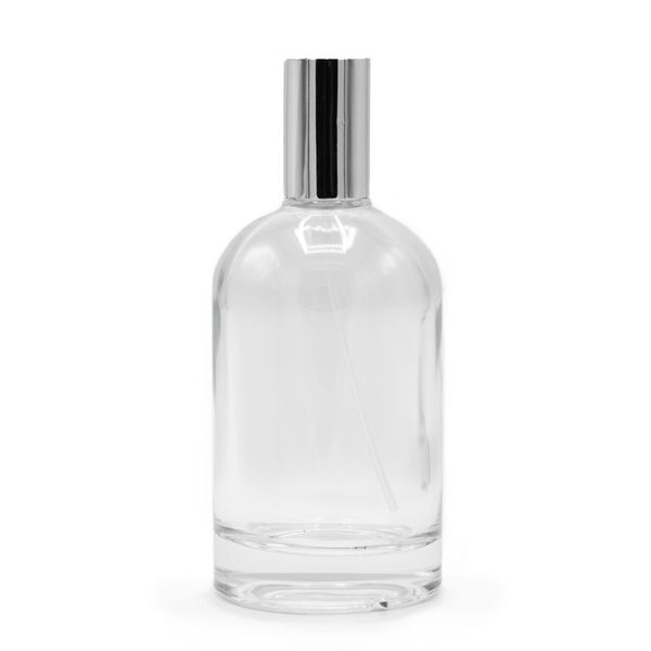 100ml Ronde Dikke Fles, Zilveren Spray en Dop
