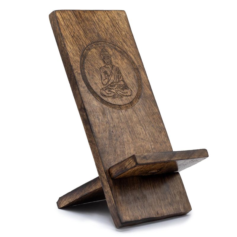 Houten Gegraveerde Telefoonstandaard - Boeddha 20x9.5cm