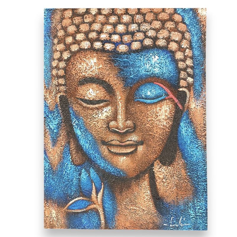 Boeddha Schilderij – Brons & Blauwe Bloem