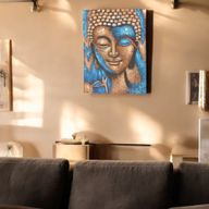 Boeddha Schilderij – Brons & Blauwe Bloem