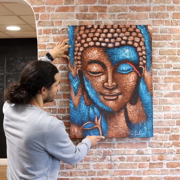 Boeddha Schilderij – Brons & Blauwe Bloem