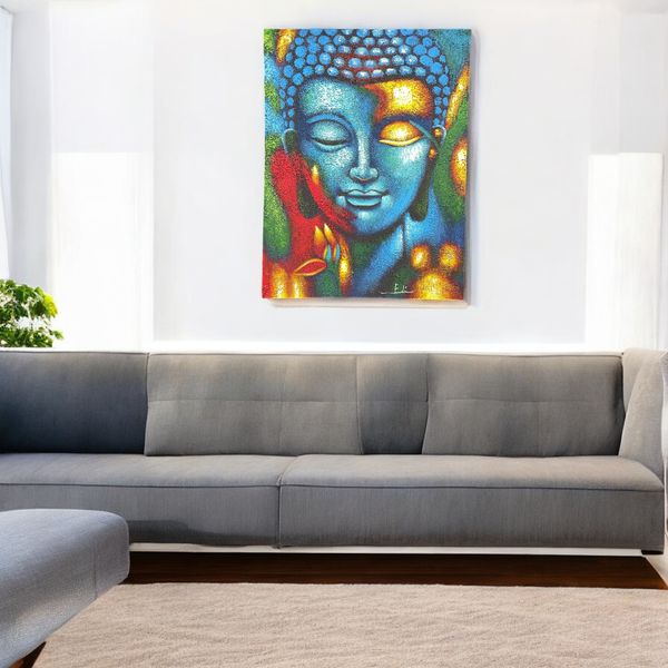 Boeddha Schilderij – Blauw & Gouden Bloem